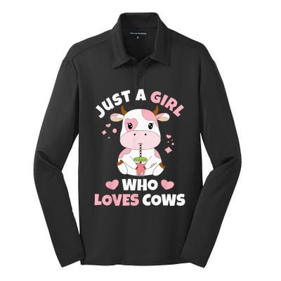 Just A Girl Who Loves Cows Cute Strawberry Cow Cowgirl Print Silk Touch Performance Long Sleeve Polo