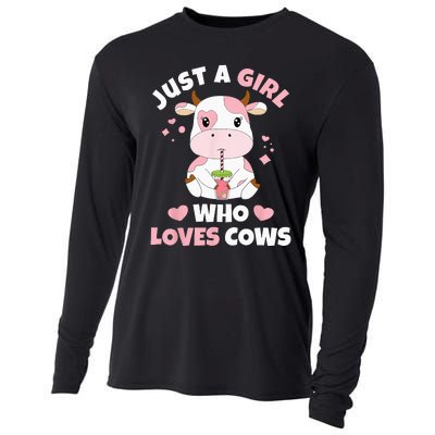 Just A Girl Who Loves Cows Cute Strawberry Cow Cowgirl Print Cooling Performance Long Sleeve Crew