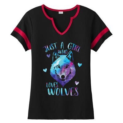 Just A Girl Who Loves Wolves Watercolor Cute Wolf Lover Ladies Halftime Notch Neck Tee