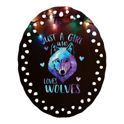 Just A Girl Who Loves Wolves Watercolor Cute Wolf Lover Ceramic Oval Ornament