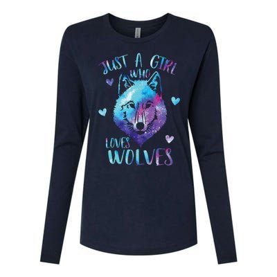 Just A Girl Who Loves Wolves Watercolor Cute Wolf Lover Womens Cotton Relaxed Long Sleeve T-Shirt