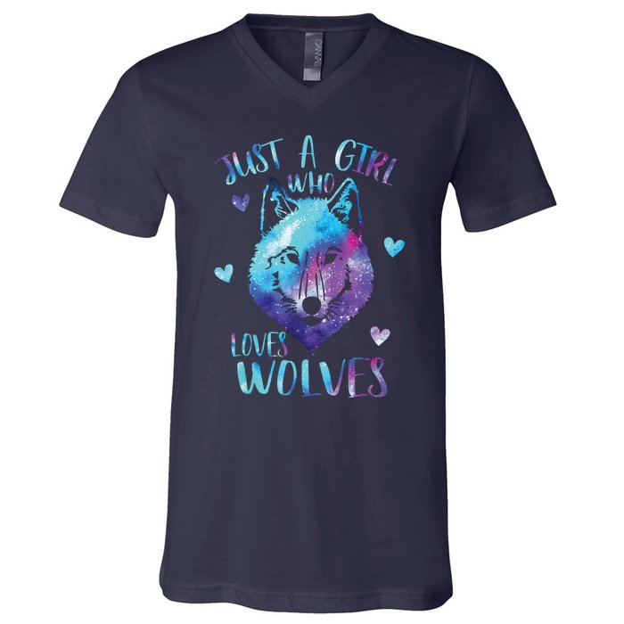 Just A Girl Who Loves Wolves Watercolor Cute Wolf Lover V-Neck T-Shirt