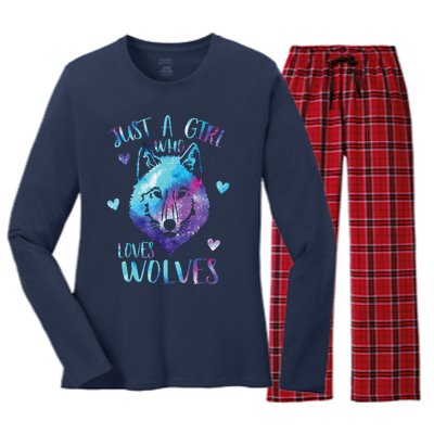 Just A Girl Who Loves Wolves Watercolor Cute Wolf Lover Women's Long Sleeve Flannel Pajama Set 