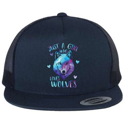 Just A Girl Who Loves Wolves Watercolor Cute Wolf Lover Flat Bill Trucker Hat