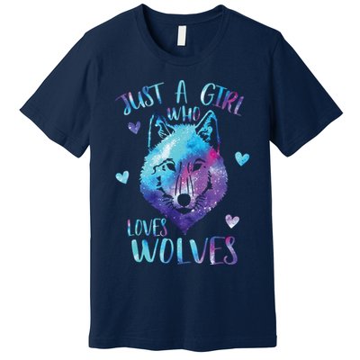 Just A Girl Who Loves Wolves Watercolor Cute Wolf Lover Premium T-Shirt