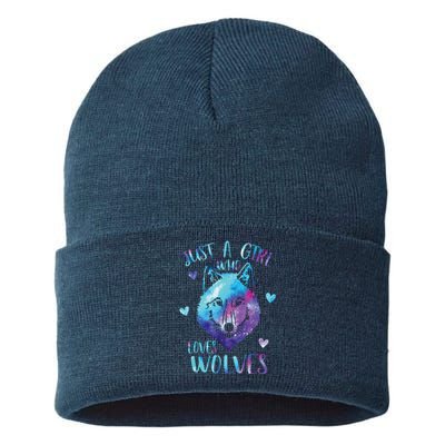 Just A Girl Who Loves Wolves Watercolor Cute Wolf Lover Sustainable Knit Beanie