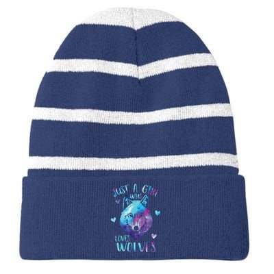 Just A Girl Who Loves Wolves Watercolor Cute Wolf Lover Striped Beanie with Solid Band