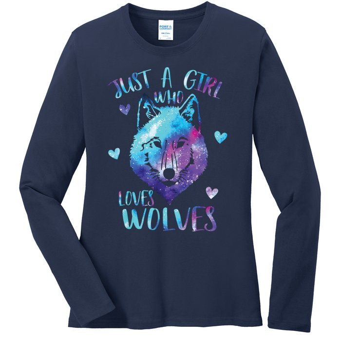 Just A Girl Who Loves Wolves Watercolor Cute Wolf Lover Ladies Long Sleeve Shirt