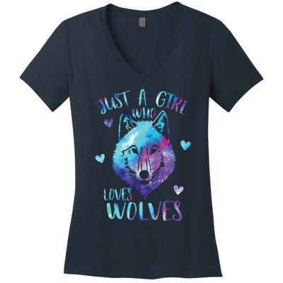 Just A Girl Who Loves Wolves Watercolor Cute Wolf Lover Women's V-Neck T-Shirt