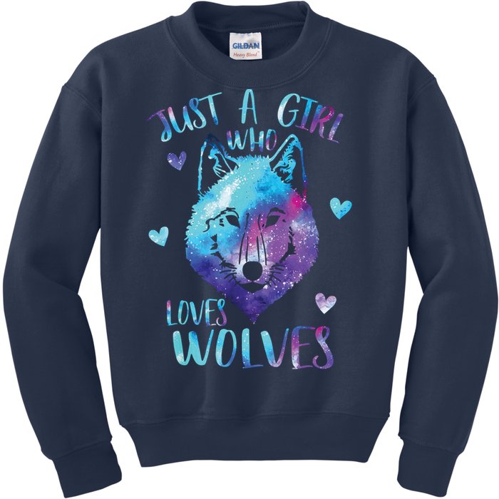 Just A Girl Who Loves Wolves Watercolor Cute Wolf Lover Kids Sweatshirt