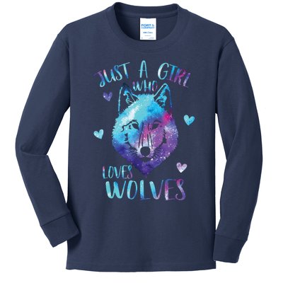 Just A Girl Who Loves Wolves Watercolor Cute Wolf Lover Kids Long Sleeve Shirt