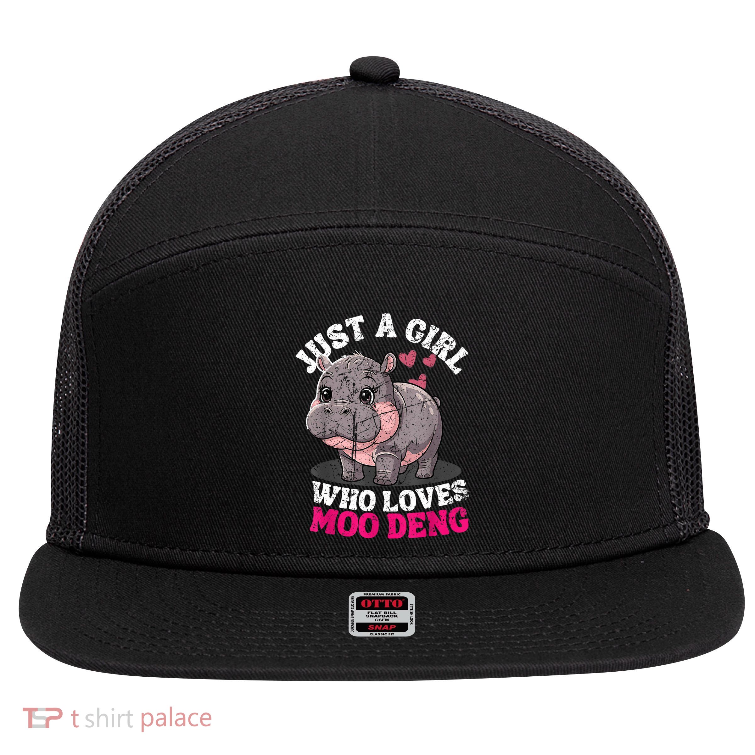 Just A Girl Who Loves Moo Deng 7 Panel Mesh Trucker Snapback Hat