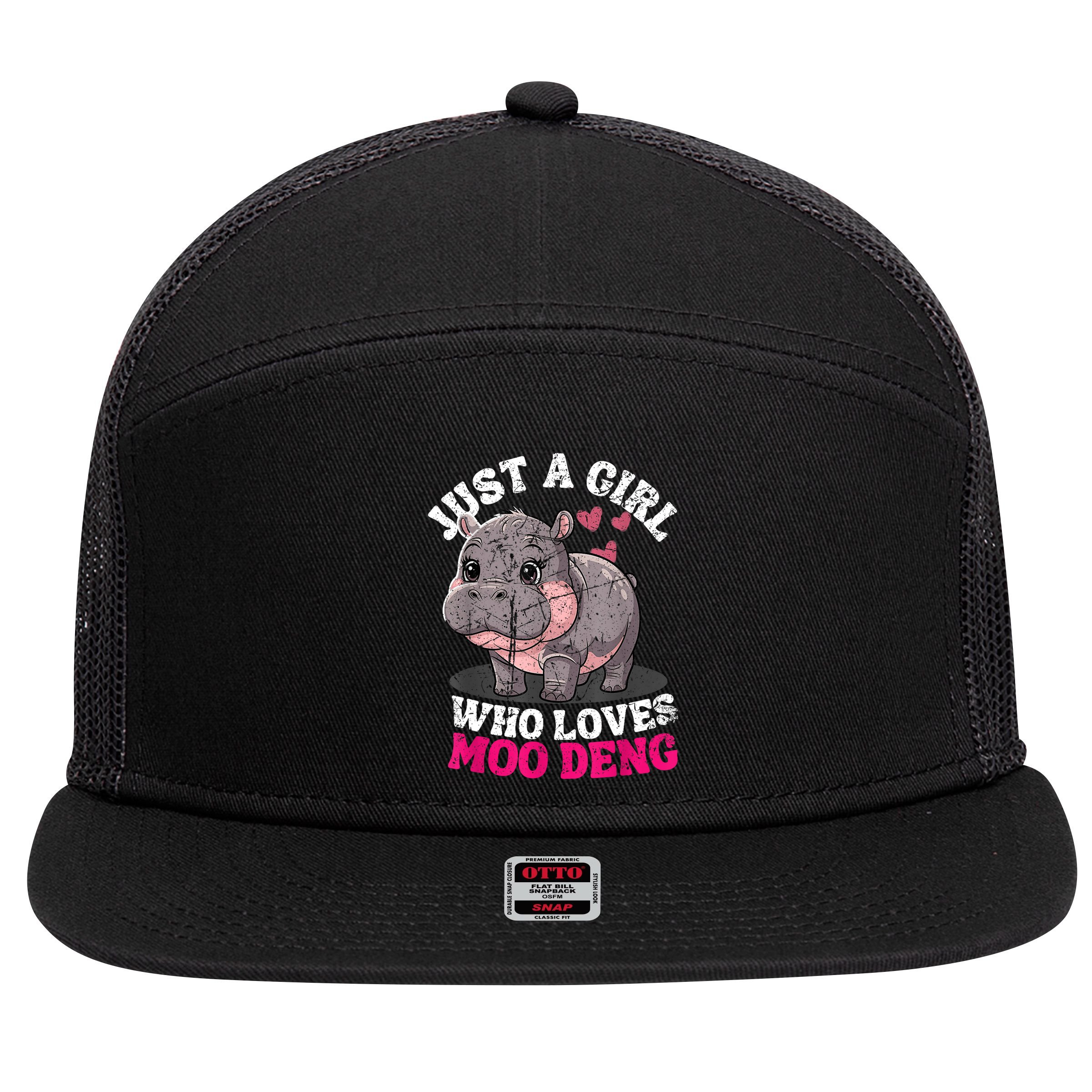 Just A Girl Who Loves Moo Deng 7 Panel Mesh Trucker Snapback Hat