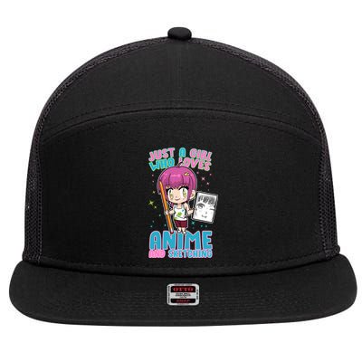 Just A Girl Who Loves Anime And Sketching 7 Panel Mesh Trucker Snapback Hat