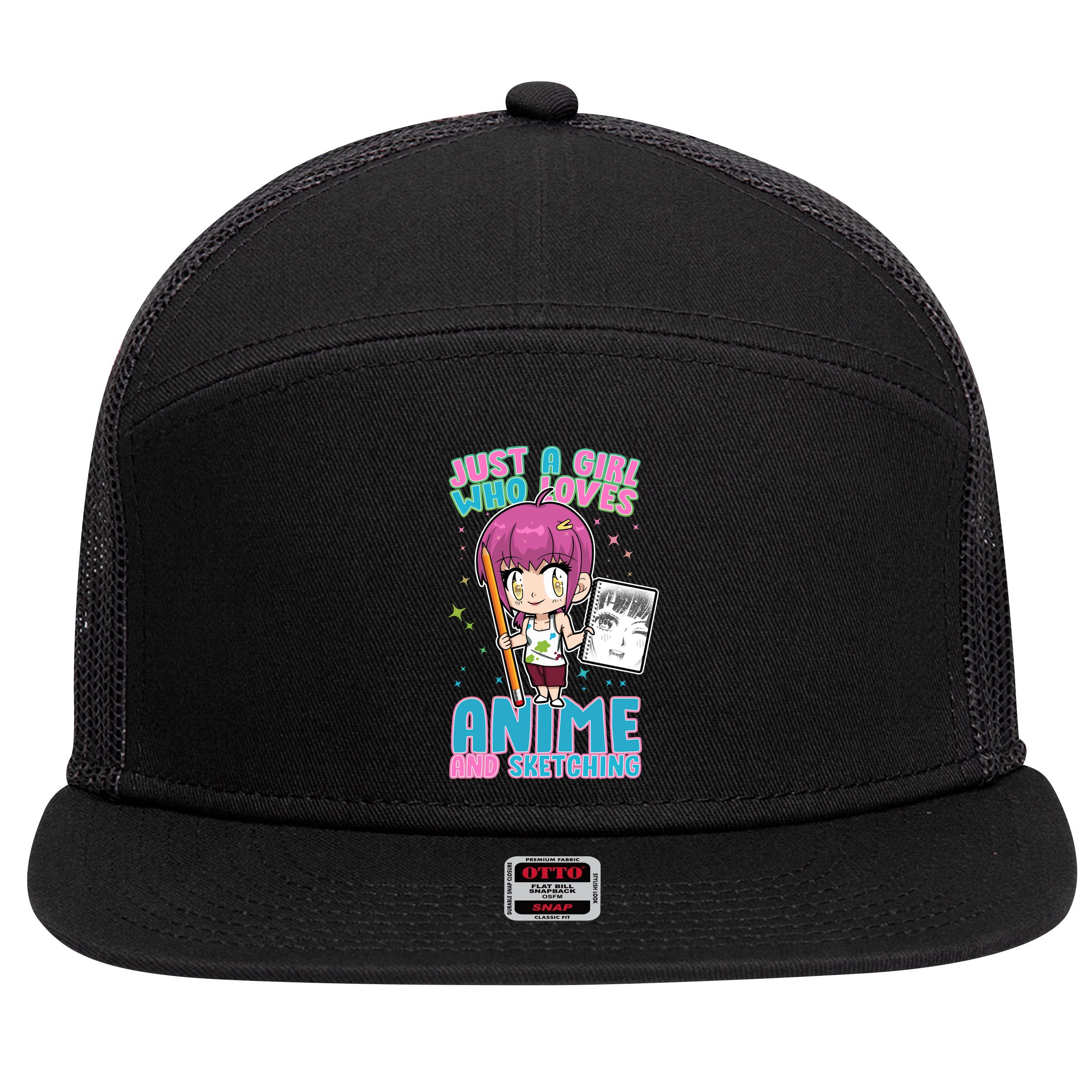 Just A Girl Who Loves Anime And Sketching 7 Panel Mesh Trucker Snapback Hat