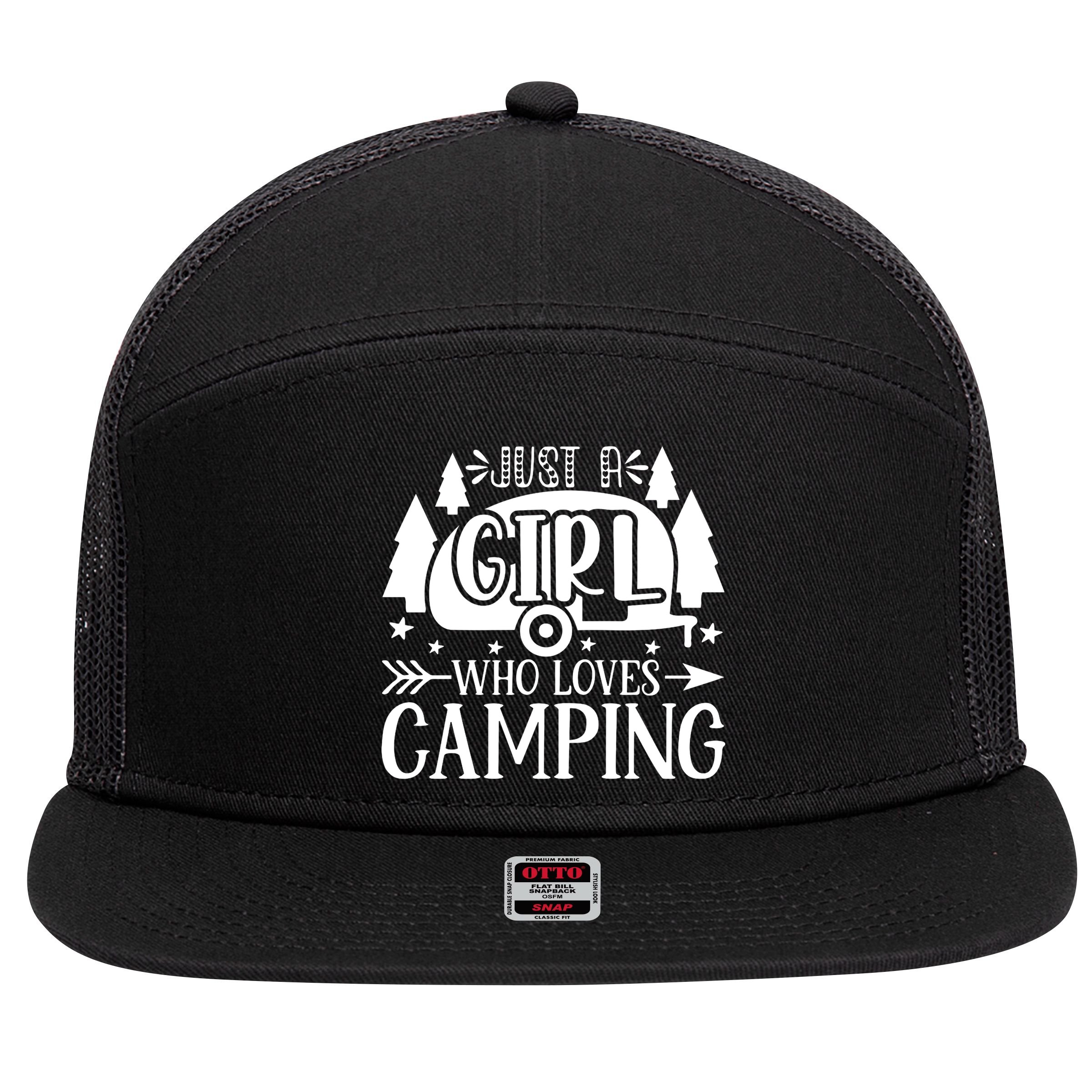 Just A Girl Who Loves Camping 7 Panel Mesh Trucker Snapback Hat