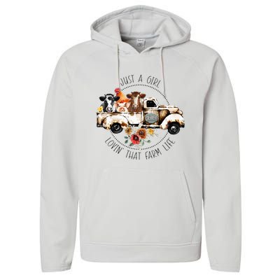 Just A Girl Lovin That Farm Life Animal Farm On Truck Performance Fleece Hoodie