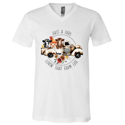 Just A Girl Lovin That Farm Life Animal Farm On Truck V-Neck T-Shirt