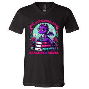 Just A Girl Who Loves Dragons And Books Dragon Reading V-Neck T-Shirt