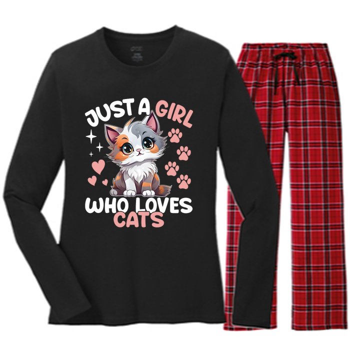 Just A Girl Who Loves Cats Cute Cat Lover Women's Long Sleeve Flannel Pajama Set 