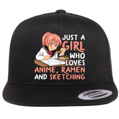 Just A Girl Who Loves Anime Ramen And Sketching Japan Anime Flat Bill Trucker Hat