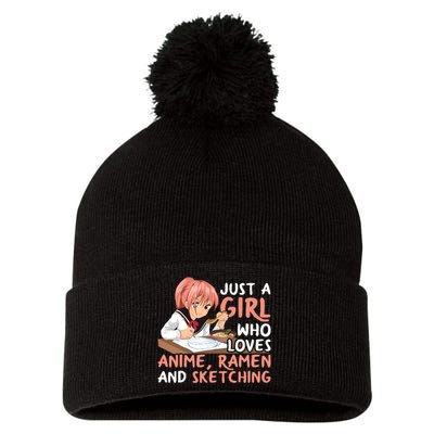 Just A Girl Who Loves Anime Ramen And Sketching Japan Anime Pom Pom 12in Knit Beanie