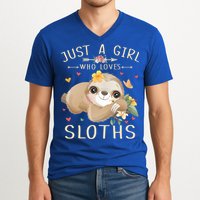 Just A Girl Who Loves Sloths Cute Sloth Lover Girls Gift V-Neck T-Shirt