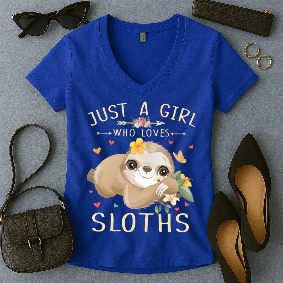 Just A Girl Who Loves Sloths Cute Sloth Lover Girls Gift Women's V-Neck T-Shirt