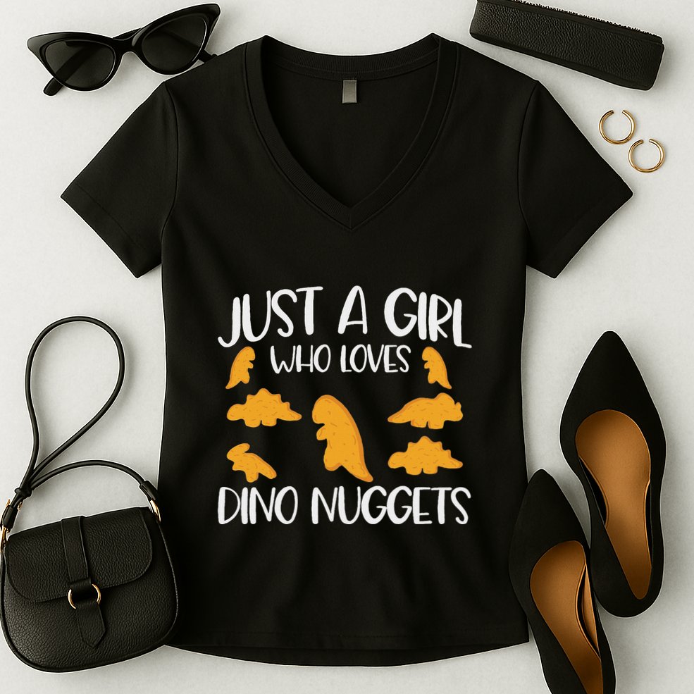 Just A Girl Who Loves Dino Nuggets Dinosaur Chicken Nuggets Women's V-Neck T-Shirt