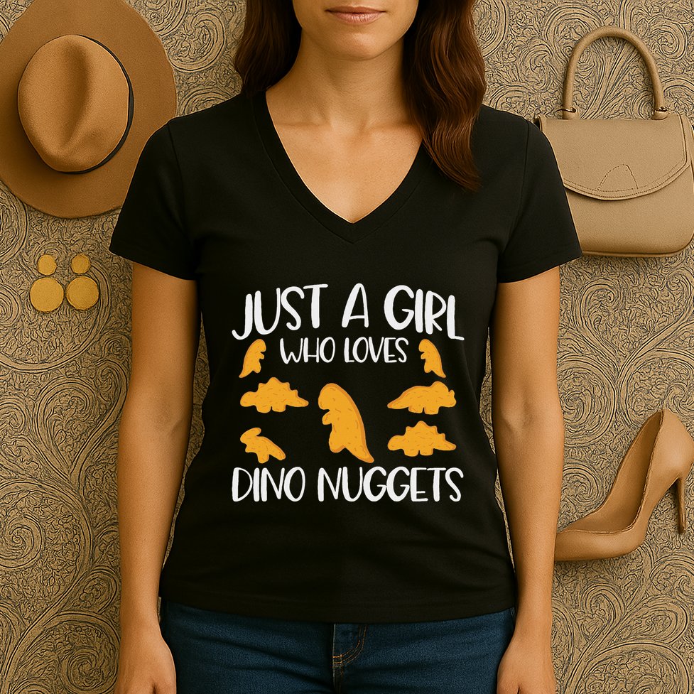 Just A Girl Who Loves Dino Nuggets Dinosaur Chicken Nuggets Women's V-Neck T-Shirt