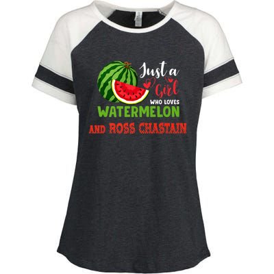 JUST A GIRL WHO LOVES WATERMELON AND ROSS CHASTAIN Premium Enza Ladies Jersey Colorblock Tee