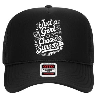 Just A Girl That Chases Sunsets, Photographer Premium High Crown Mesh Back Trucker Hat