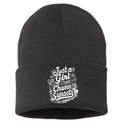 Just A Girl That Chases Sunsets, Photographer Premium Sustainable Knit Beanie