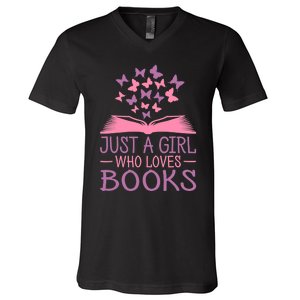 Just A Girl Who Loves Books Lovers Wo Book Worm Reading V-Neck T-Shirt