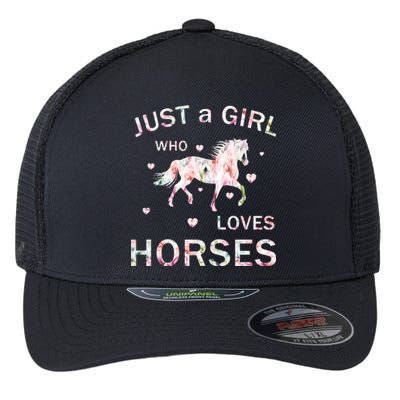 JUST A GIRL WHO LOVEs Horses Flexfit Unipanel Trucker Cap