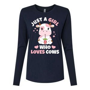 Just A Girl Who Loves Cows Cute Strawberry Cow Cowgirl Print Womens Cotton Relaxed Long Sleeve T-Shirt