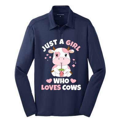 Just A Girl Who Loves Cows Cute Strawberry Cow Cowgirl Print Silk Touch Performance Long Sleeve Polo