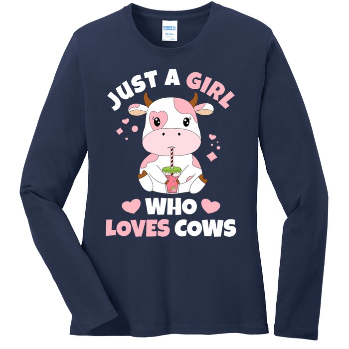 Just A Girl Who Loves Cows Cute Strawberry Cow Cowgirl Print Ladies Long Sleeve Shirt