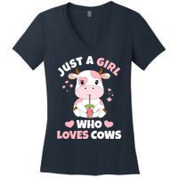 Just A Girl Who Loves Cows Cute Strawberry Cow Cowgirl Print Women's V-Neck T-Shirt