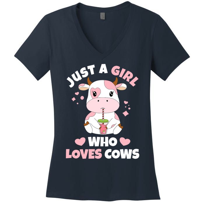 Just A Girl Who Loves Cows Cute Strawberry Cow Cowgirl Print Women's V-Neck T-Shirt