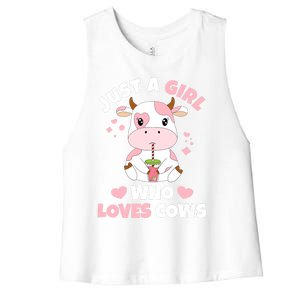 Just A Girl Who Loves Cows Cute Strawberry Cow Cowgirl Print Women's Racerback Cropped Tank