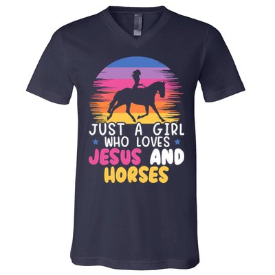 Just A Girl Who Loves Jesus And Horses Equestrian Christian V-Neck T-Shirt
