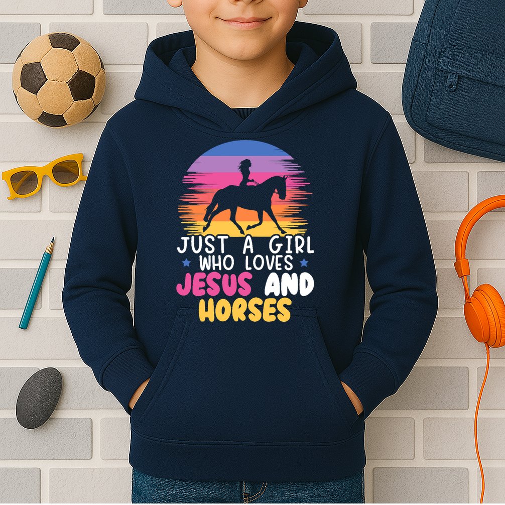 Just A Girl Who Loves Jesus And Horses Equestrian Christian Kids Hoodie