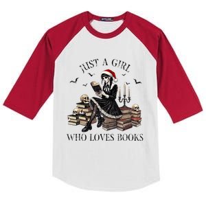 Just A Girl Who Loves Books Halloween Skeleton Christmas Kids Colorblock Raglan Jersey