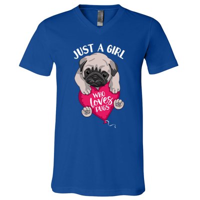 Just A Girl Who Loves Pugs Dog Lovers Cute Pug With Heart Gift V-Neck T-Shirt