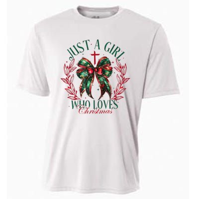 Just A Girl Who Loves Chrsitmas Coquette Bow Cooling Performance Crew T-Shirt