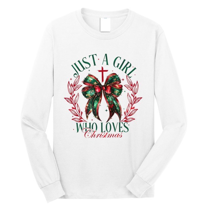 Just A Girl Who Loves Chrsitmas Coquette Bow Long Sleeve Shirt