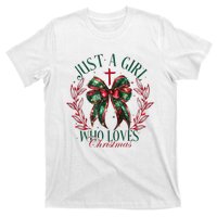 Just A Girl Who Loves Chrsitmas Coquette Bow T-Shirt