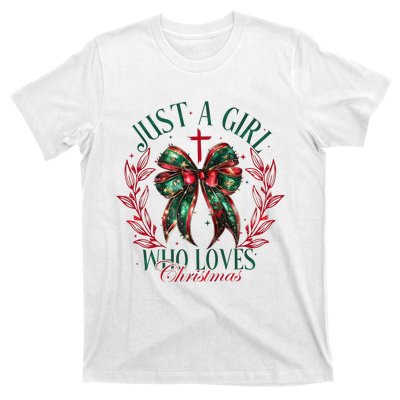 Just A Girl Who Loves Chrsitmas Coquette Bow T-Shirt