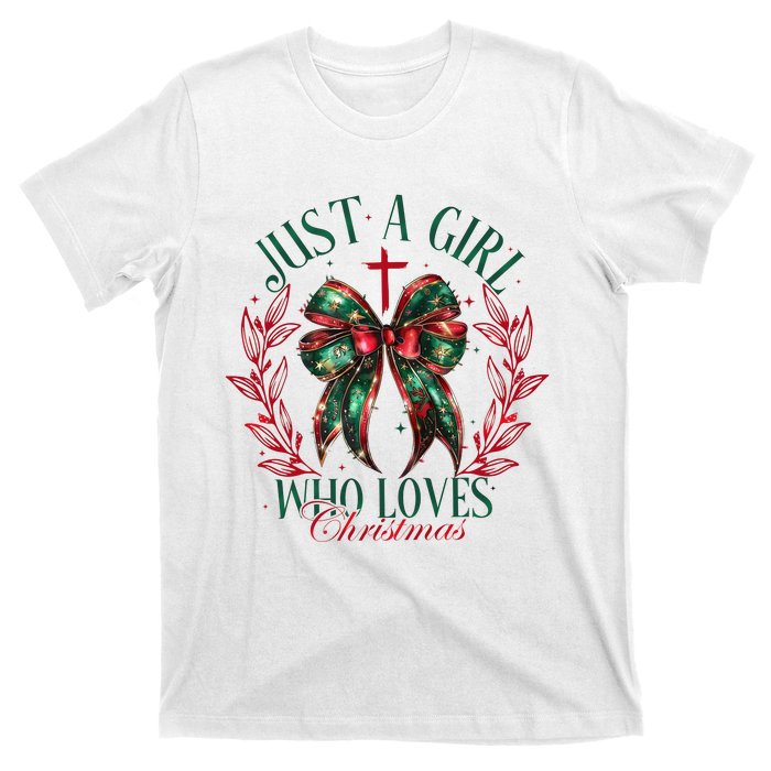 Just A Girl Who Loves Chrsitmas Coquette Bow T-Shirt